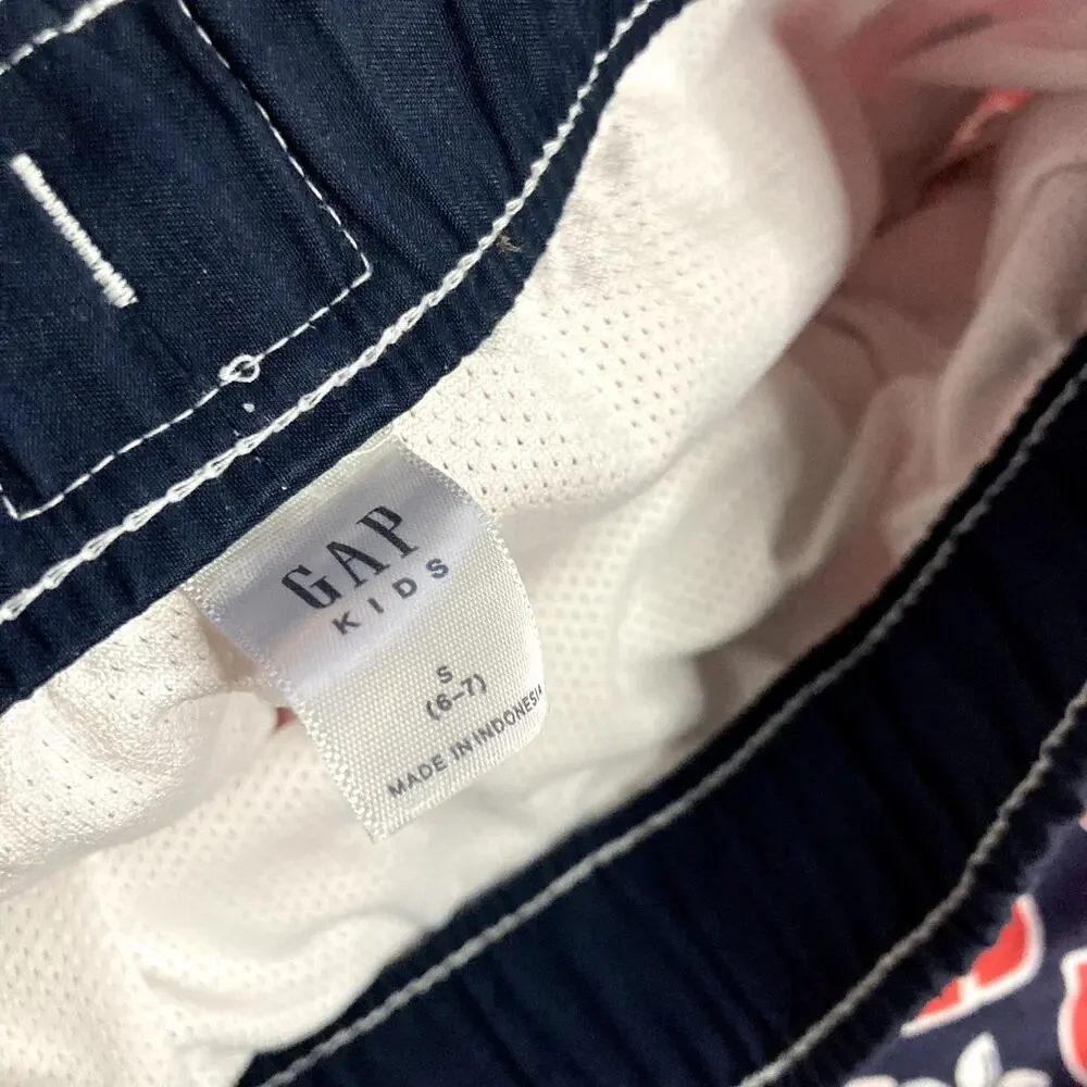Gap Kids Tropical Hibiscus Swim Trunks - Navy Blue White Red - Small 6/7